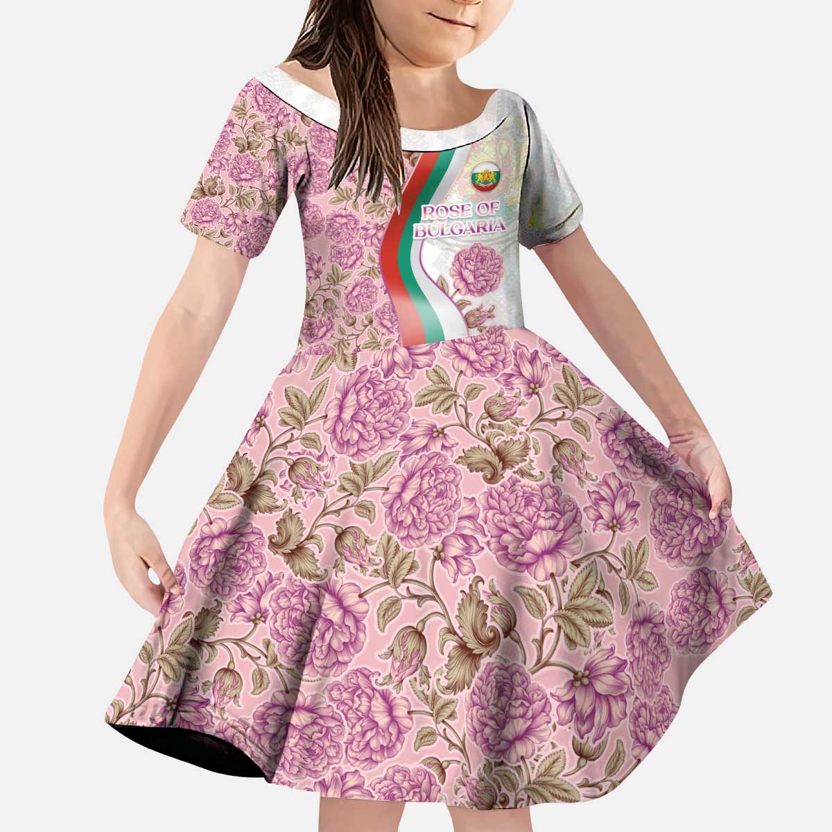 Rose of Bulgaria Kid Short Sleeve Dress with National Flag Ribbon and Floral Damask Pattern