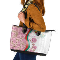 Rose of Bulgaria Leather Tote Bag with National Flag Ribbon and Floral Damask Pattern