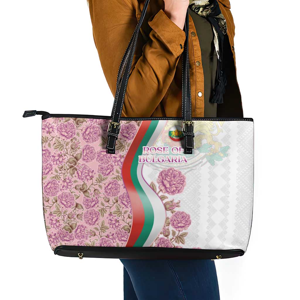Rose of Bulgaria Leather Tote Bag with National Flag Ribbon and Floral Damask Pattern