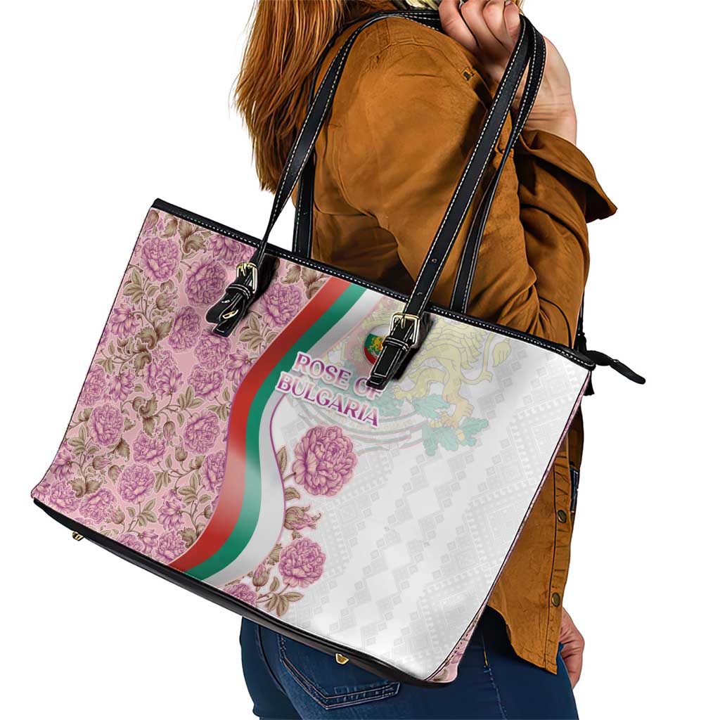 Rose of Bulgaria Leather Tote Bag with National Flag Ribbon and Floral Damask Pattern