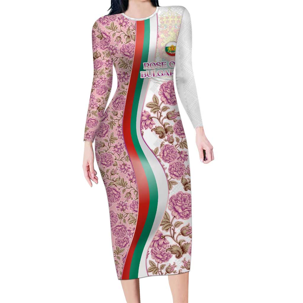 Rose of Bulgaria Long Sleeve Bodycon Dress with National Flag Ribbon and Floral Damask Pattern