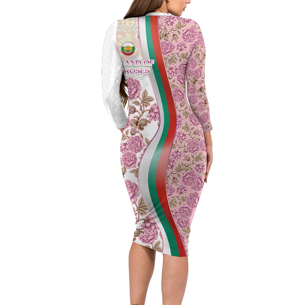 Rose of Bulgaria Long Sleeve Bodycon Dress with National Flag Ribbon and Floral Damask Pattern
