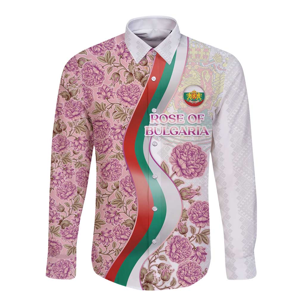 Rose of Bulgaria Long Sleeve Button Shirt with National Flag Ribbon and Floral Damask Pattern