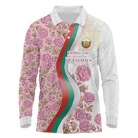 Rose of Bulgaria Long Sleeve Polo Shirt with National Flag Ribbon and Floral Damask Pattern