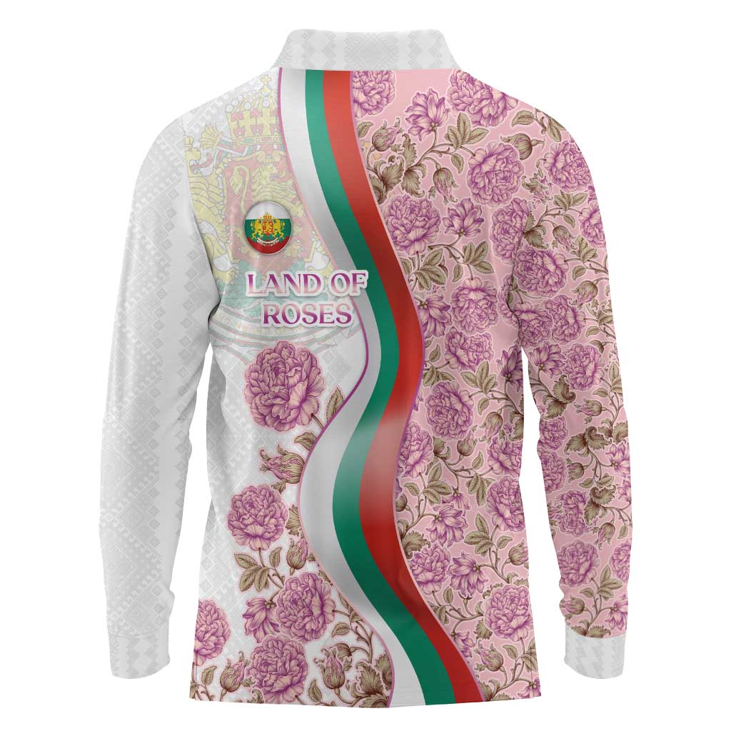 Rose of Bulgaria Long Sleeve Polo Shirt with National Flag Ribbon and Floral Damask Pattern
