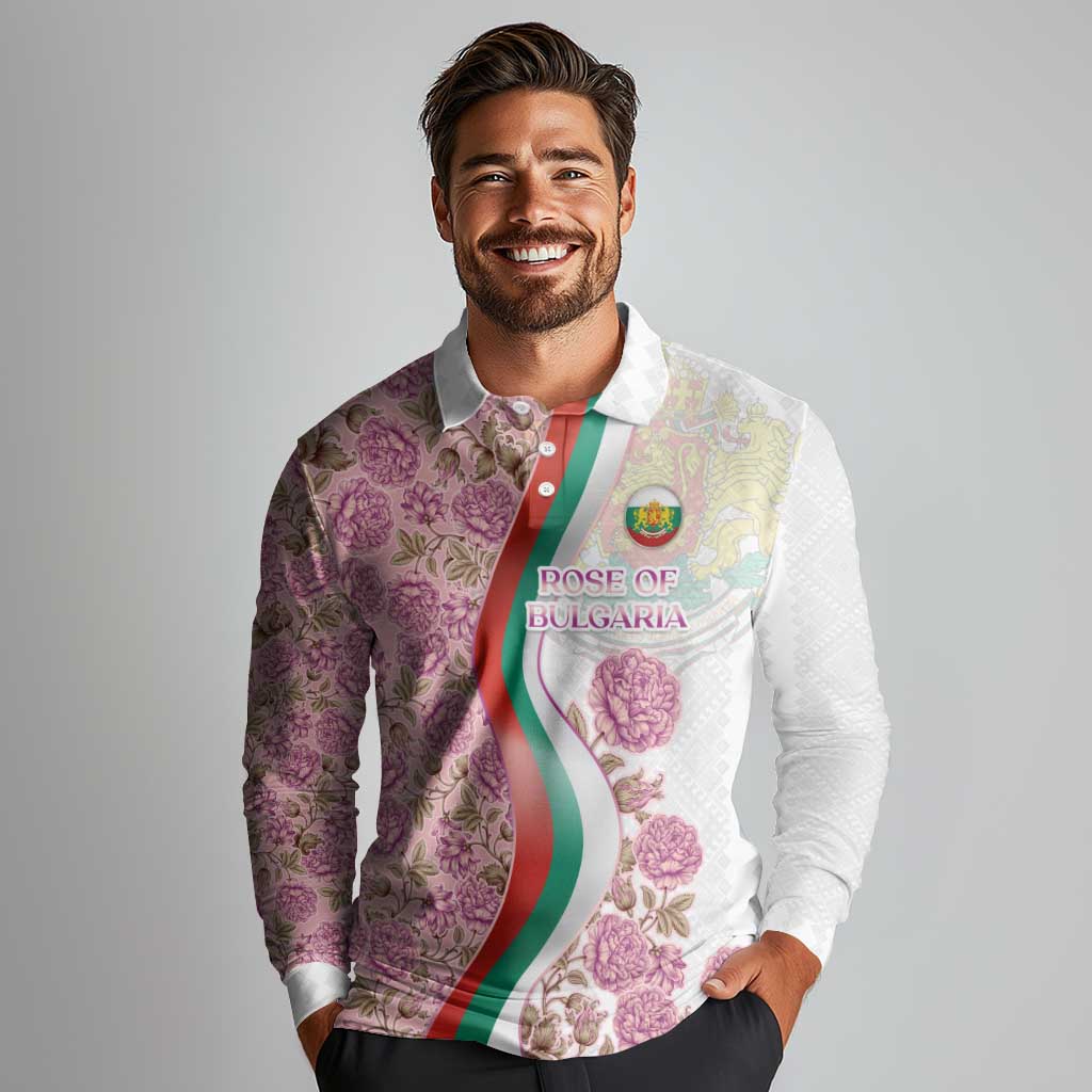 Rose of Bulgaria Long Sleeve Polo Shirt with National Flag Ribbon and Floral Damask Pattern