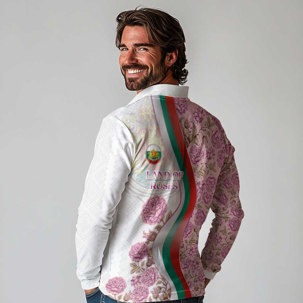 Rose of Bulgaria Long Sleeve Polo Shirt with National Flag Ribbon and Floral Damask Pattern