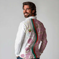 Rose of Bulgaria Long Sleeve Polo Shirt with National Flag Ribbon and Floral Damask Pattern