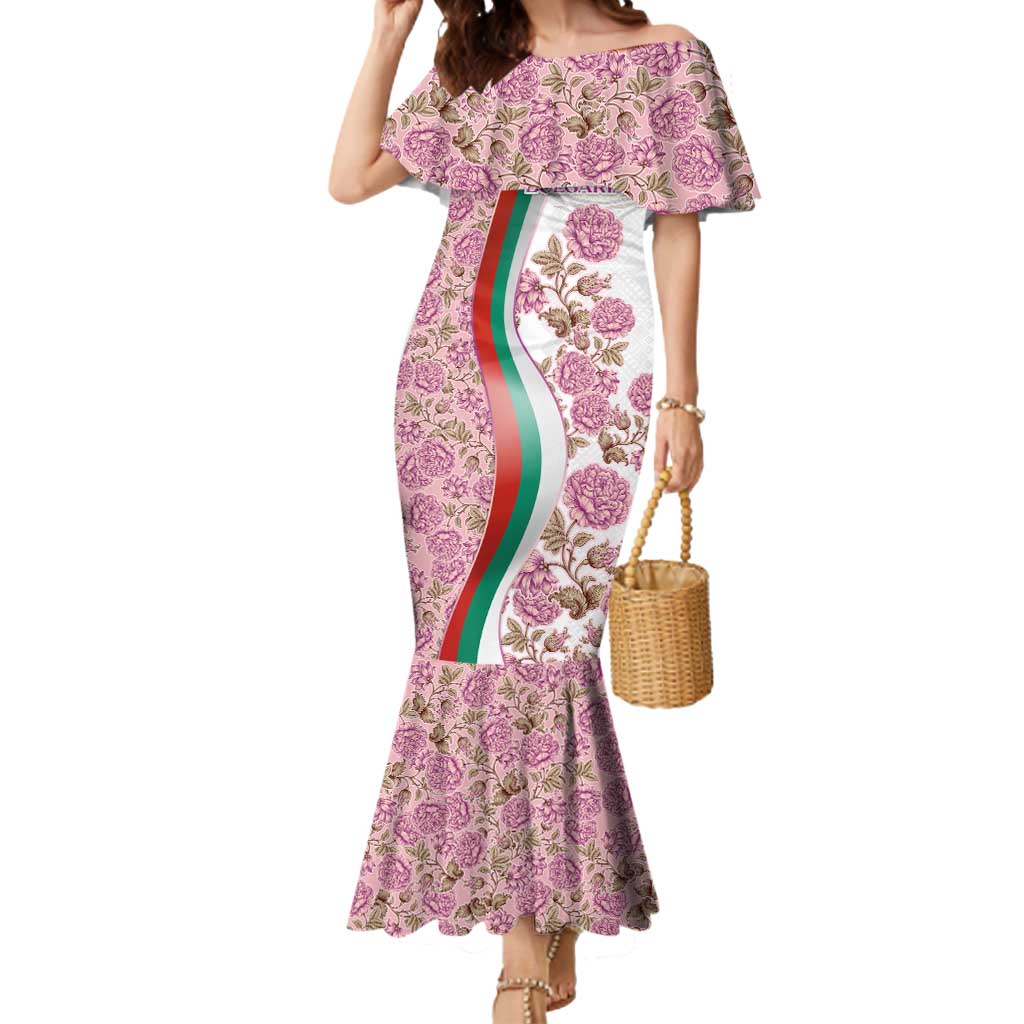 Rose of Bulgaria Mermaid Dress with National Flag Ribbon and Floral Damask Pattern