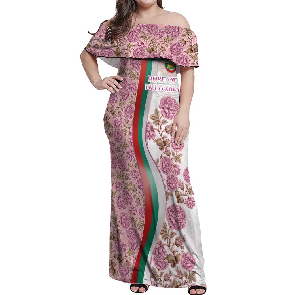 Rose of Bulgaria Off Shoulder Maxi Dress with National Flag Ribbon and Floral Damask Pattern