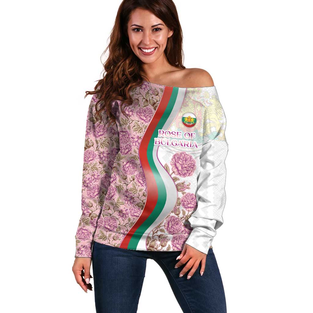 Rose of Bulgaria Off Shoulder Sweater with National Flag Ribbon and Floral Damask Pattern