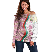 Rose of Bulgaria Off Shoulder Sweater with National Flag Ribbon and Floral Damask Pattern