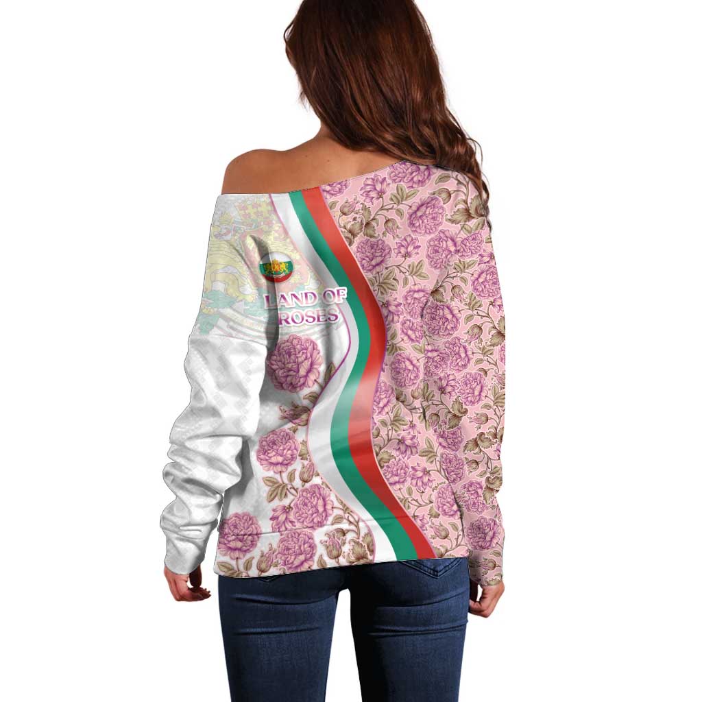Rose of Bulgaria Off Shoulder Sweater with National Flag Ribbon and Floral Damask Pattern