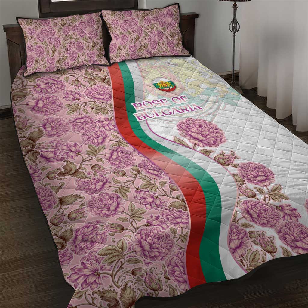 Rose of Bulgaria Quilt Bed Set with National Flag Ribbon and Floral Damask Pattern