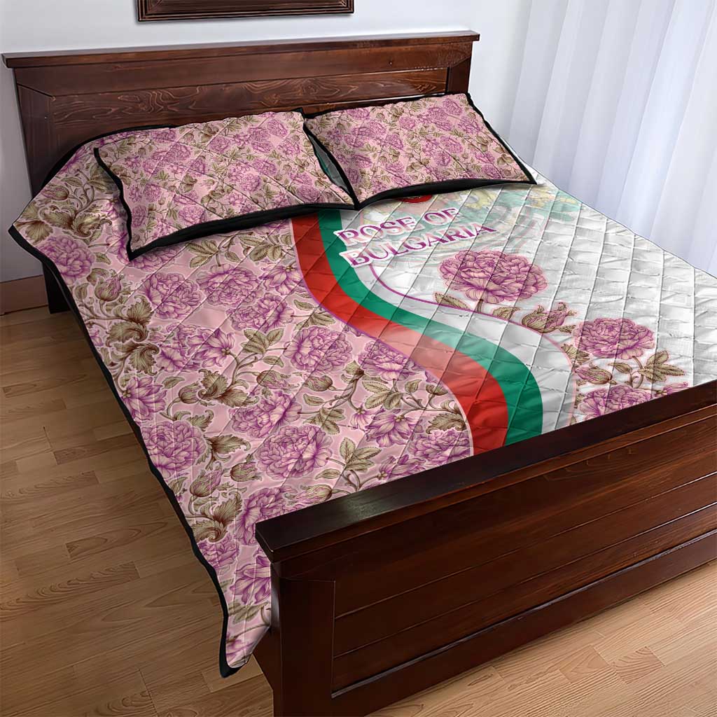 Rose of Bulgaria Quilt Bed Set with National Flag Ribbon and Floral Damask Pattern