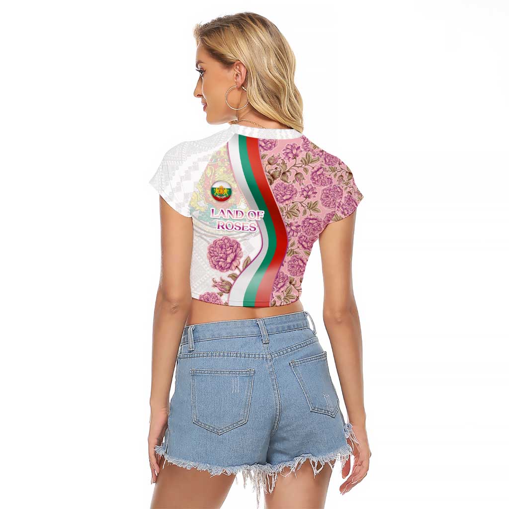 Rose of Bulgaria Raglan Cropped T Shirt with National Flag Ribbon and Floral Damask Pattern