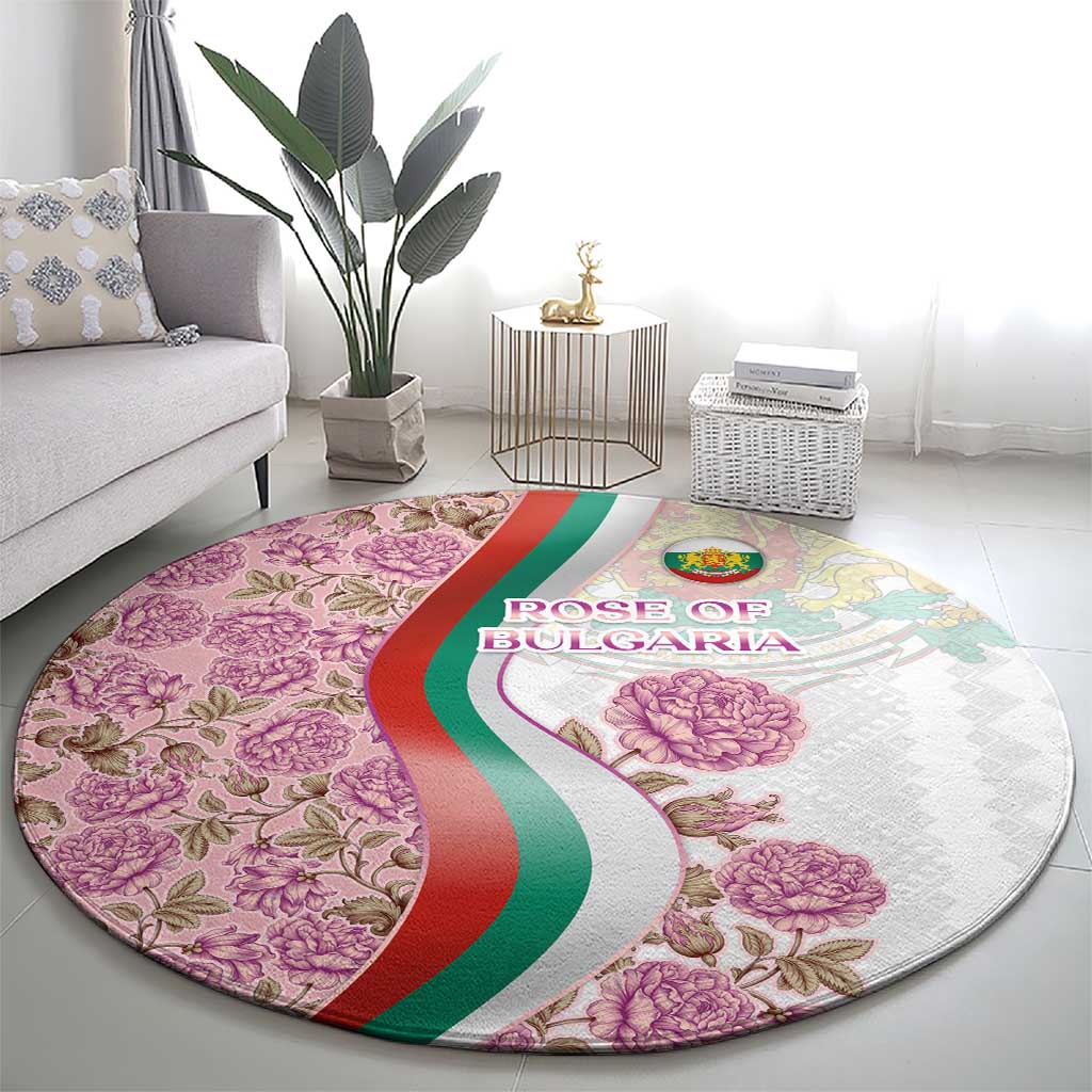 Rose of Bulgaria Round Carpet with National Flag Ribbon and Floral Damask Pattern