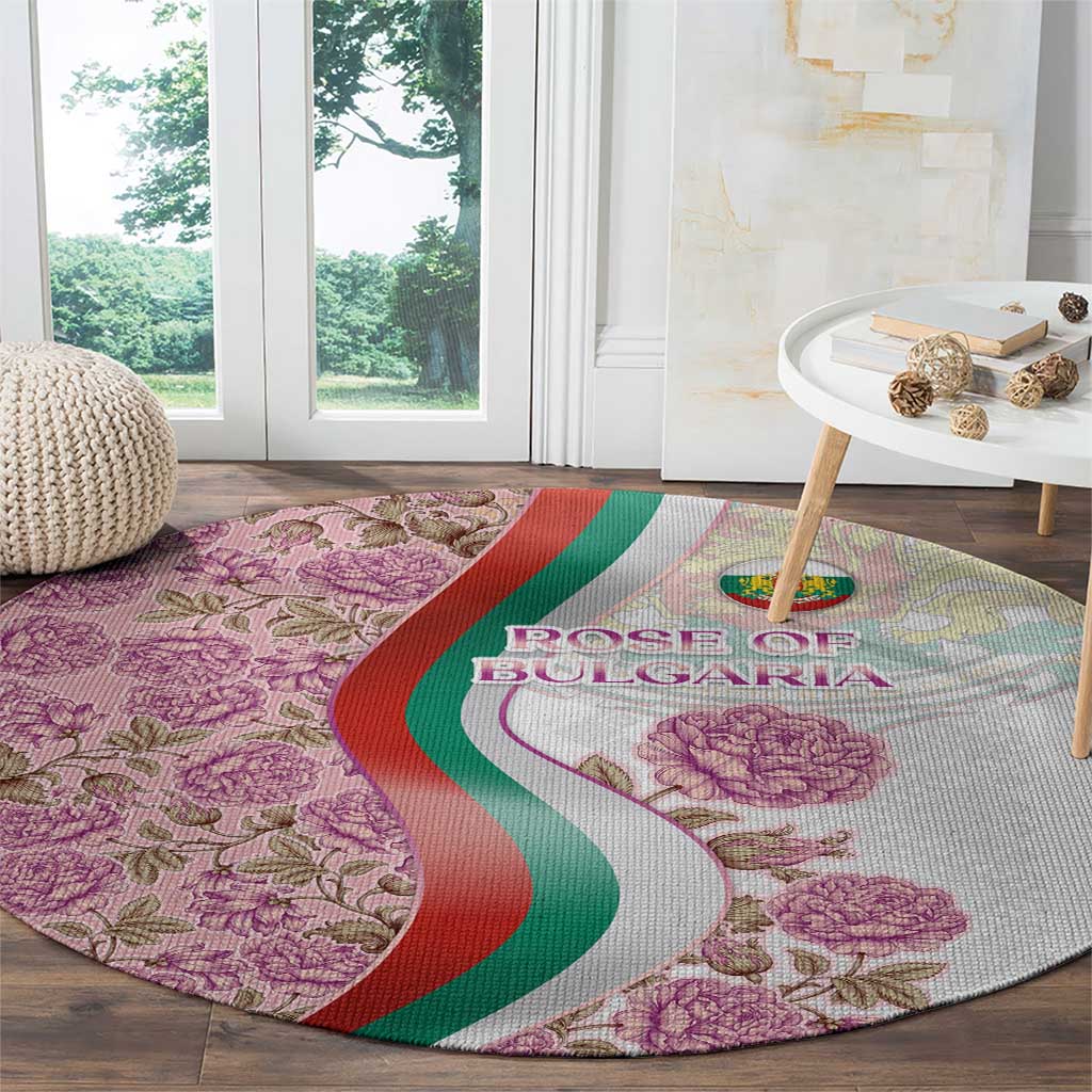 Rose of Bulgaria Round Carpet with National Flag Ribbon and Floral Damask Pattern
