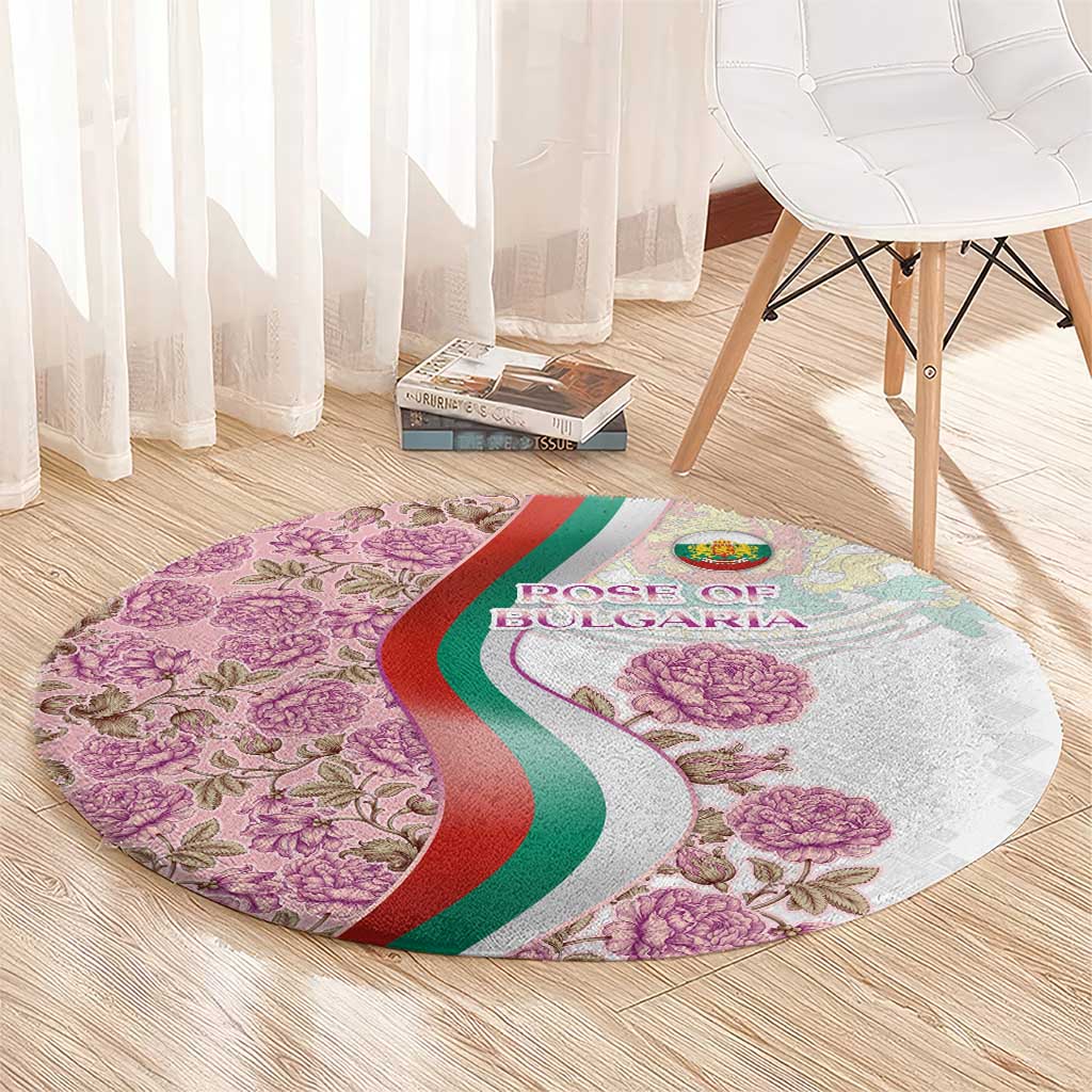 Rose of Bulgaria Round Carpet with National Flag Ribbon and Floral Damask Pattern
