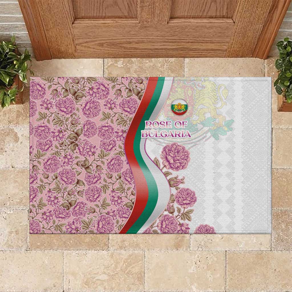 Rose of Bulgaria Rubber Doormat with National Flag Ribbon and Floral Damask Pattern