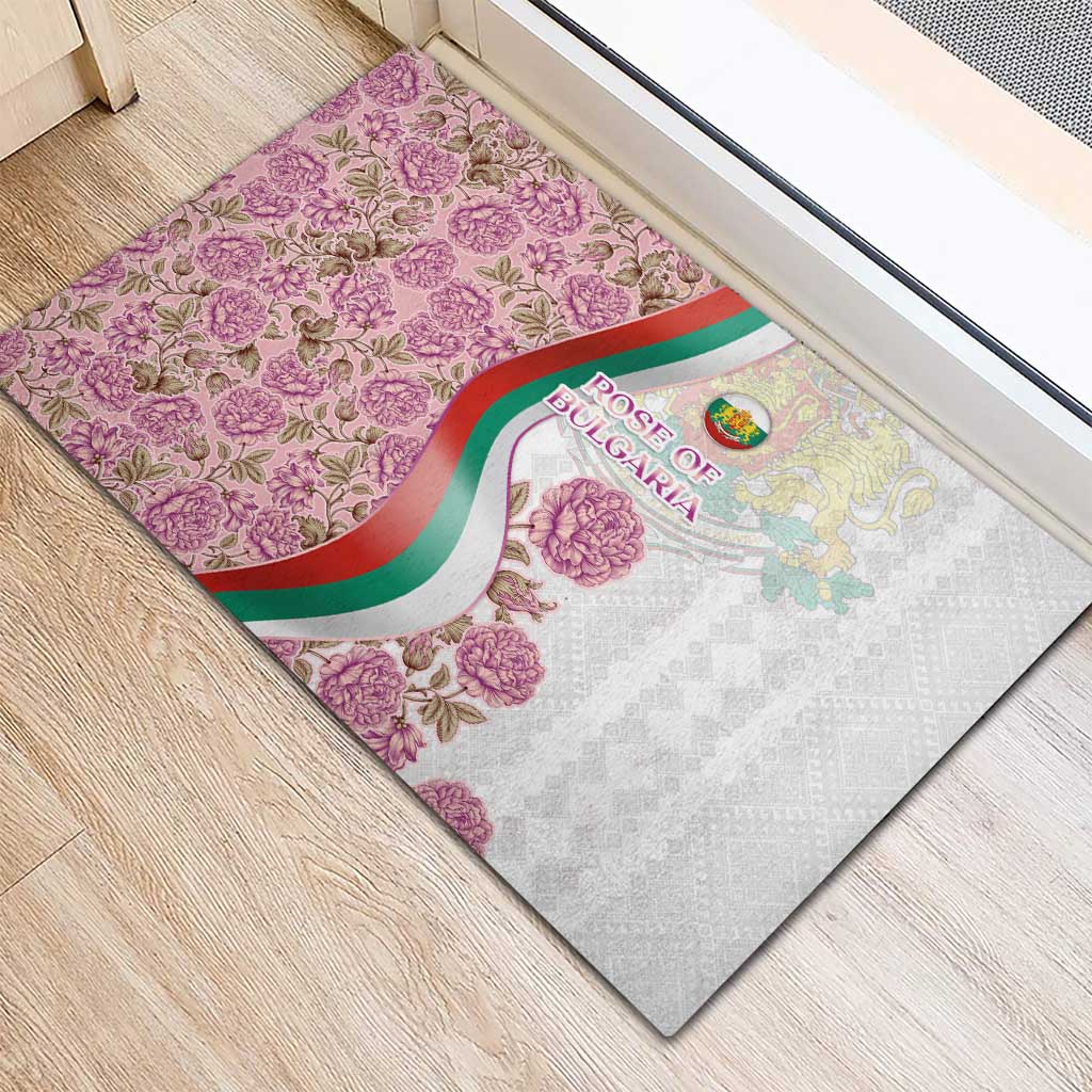 Rose of Bulgaria Rubber Doormat with National Flag Ribbon and Floral Damask Pattern