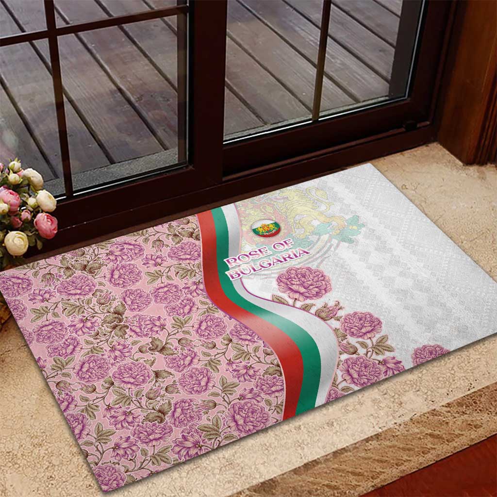 Rose of Bulgaria Rubber Doormat with National Flag Ribbon and Floral Damask Pattern
