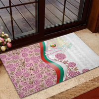 Rose of Bulgaria Rubber Doormat with National Flag Ribbon and Floral Damask Pattern