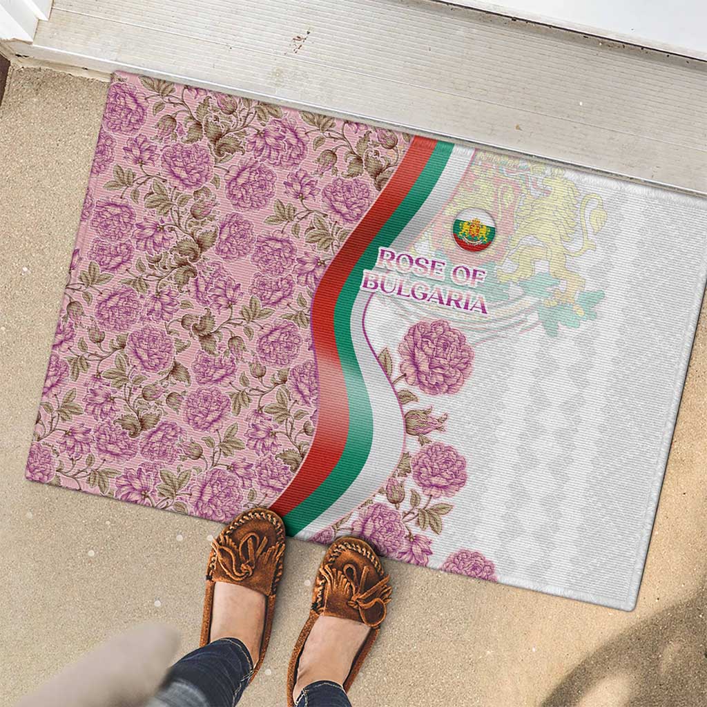 Rose of Bulgaria Rubber Doormat with National Flag Ribbon and Floral Damask Pattern