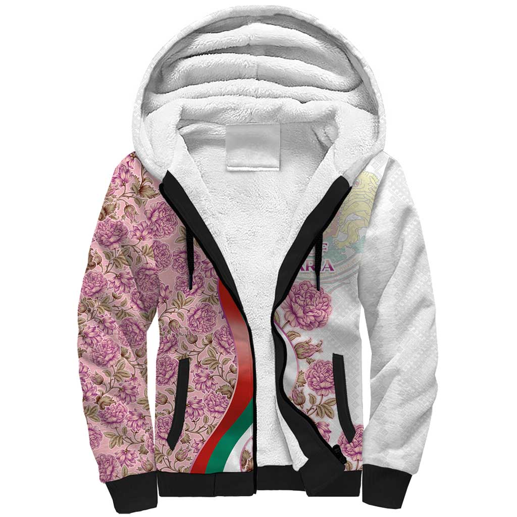 Rose of Bulgaria Sherpa Hoodie with National Flag Ribbon and Floral Damask Pattern