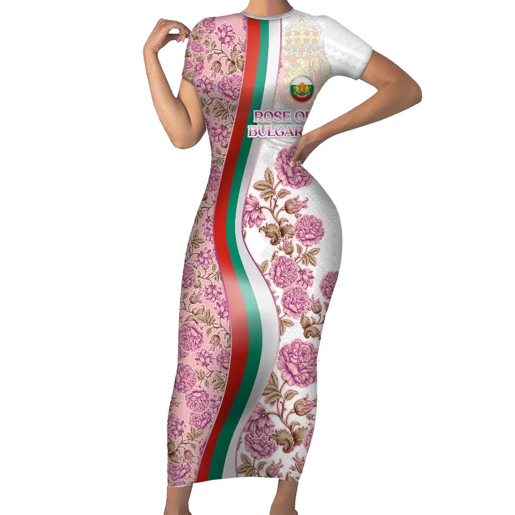Rose of Bulgaria Short Sleeve Bodycon Dress with National Flag Ribbon and Floral Damask Pattern