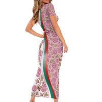 Rose of Bulgaria Short Sleeve Bodycon Dress with National Flag Ribbon and Floral Damask Pattern