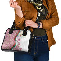 Rose of Bulgaria Shoulder Handbag with National Flag Ribbon and Floral Damask Pattern