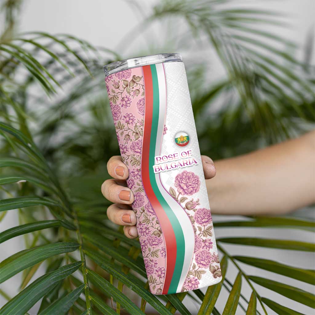 Rose of Bulgaria Skinny Tumbler with National Flag Ribbon and Floral Damask Pattern
