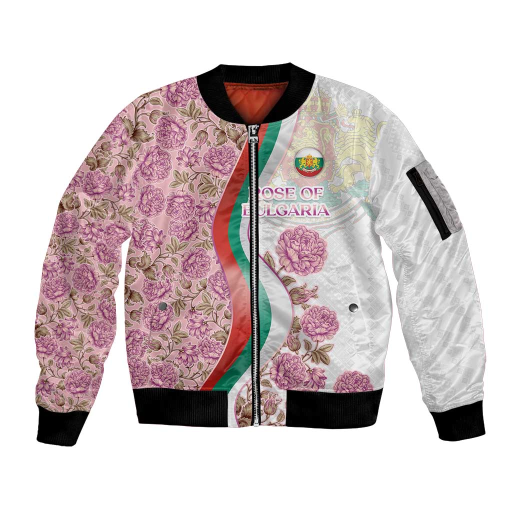 Rose of Bulgaria Sleeve Zip Bomber Jacket with National Flag Ribbon and Floral Damask Pattern