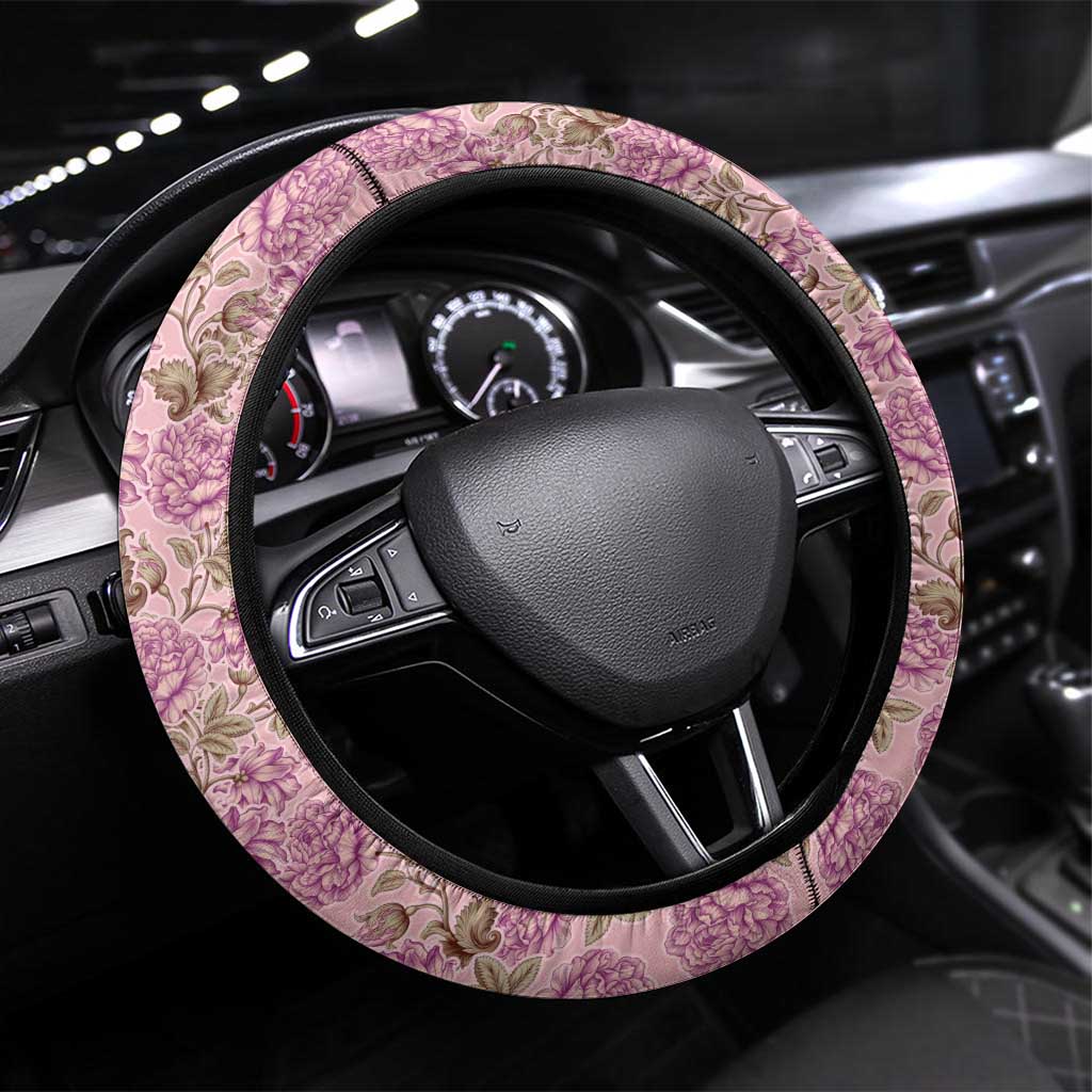 Rose of Bulgaria Steering Wheel Cover with National Flag Ribbon and Floral Damask Pattern