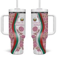 Rose of Bulgaria Tumbler With Handle with National Flag Ribbon and Floral Damask Pattern