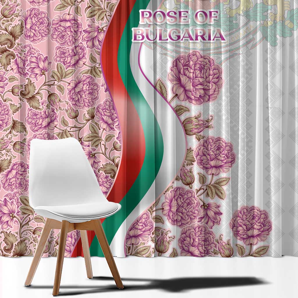 Rose of Bulgaria Window Curtain with National Flag Ribbon and Floral Damask Pattern