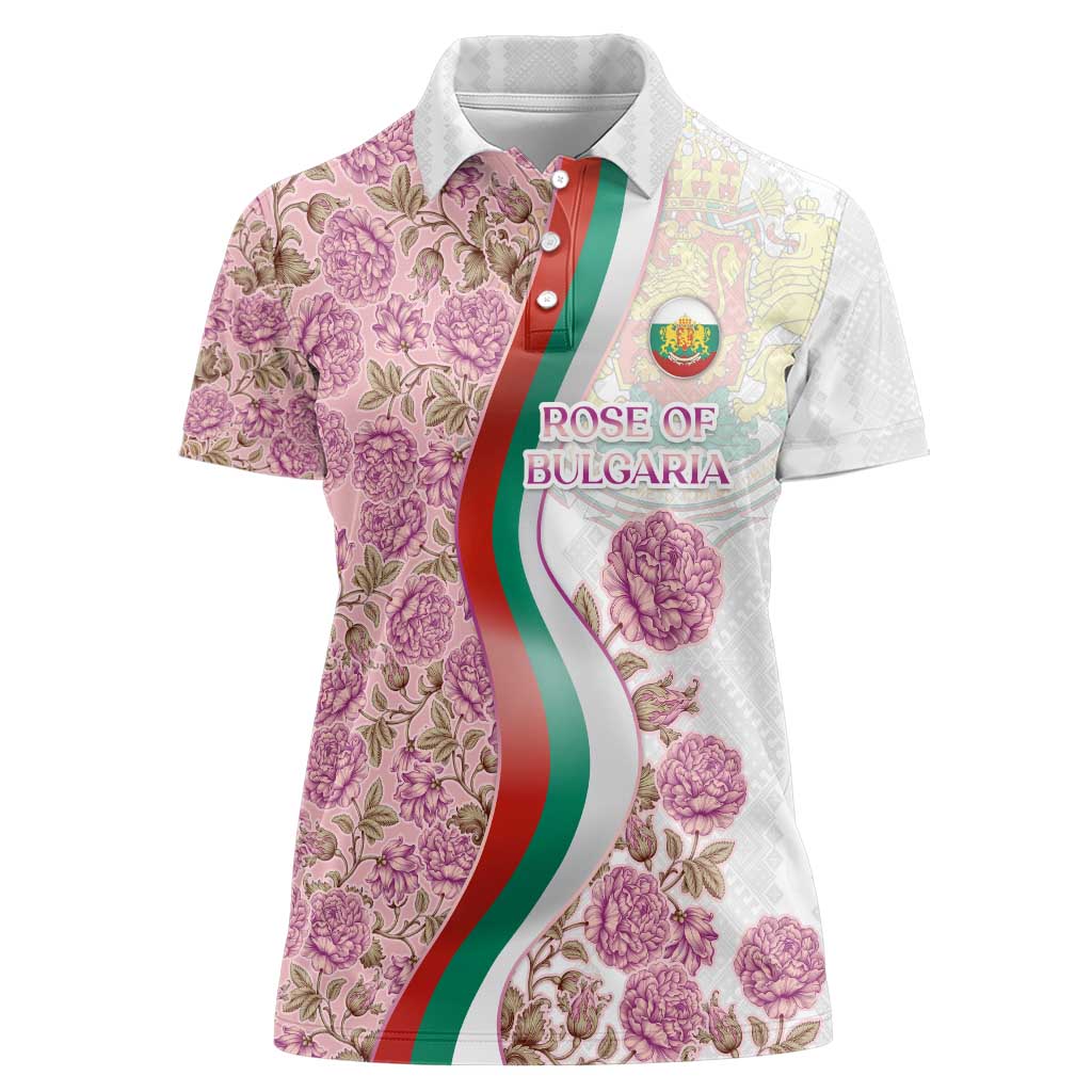Rose of Bulgaria Women Polo Shirt with National Flag Ribbon and Floral Damask Pattern