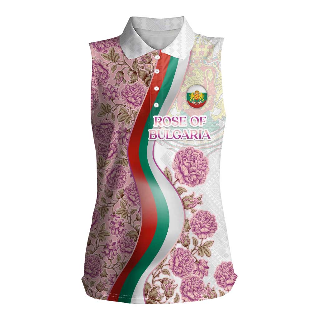 Rose of Bulgaria Women Sleeveless Polo Shirt with National Flag Ribbon and Floral Damask Pattern