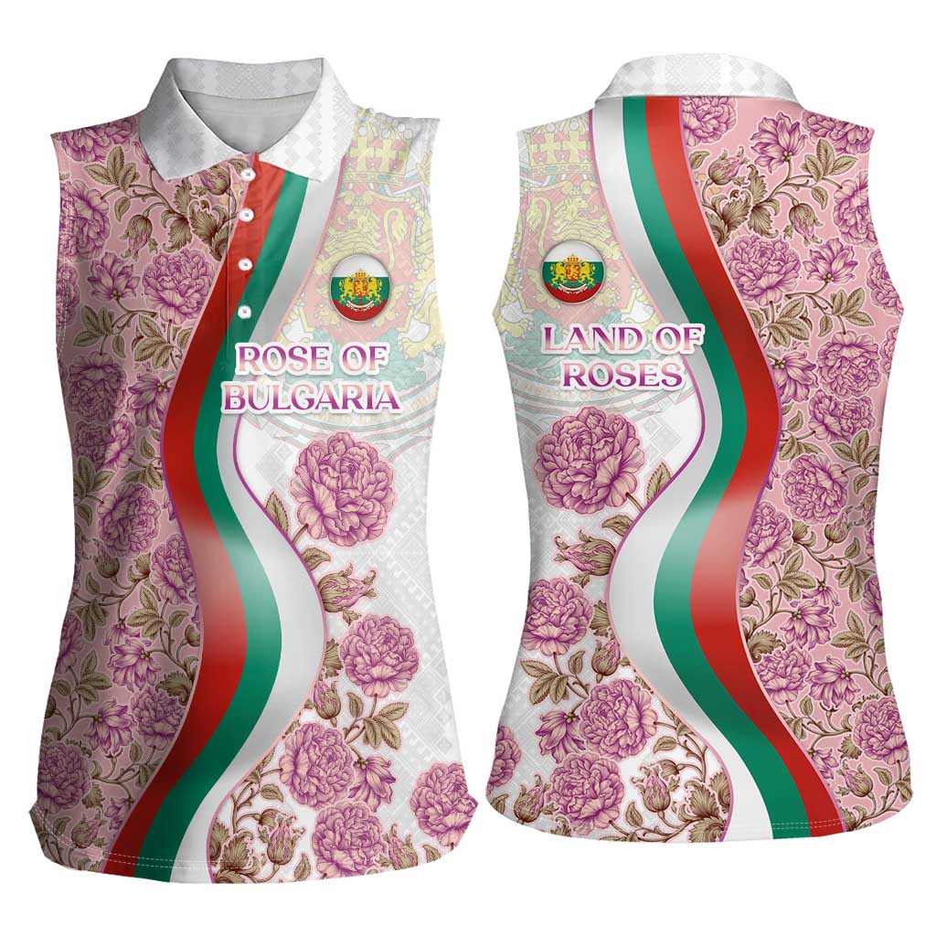 Rose of Bulgaria Women Sleeveless Polo Shirt with National Flag Ribbon and Floral Damask Pattern