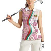 Rose of Bulgaria Women Sleeveless Polo Shirt with National Flag Ribbon and Floral Damask Pattern