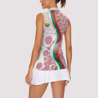 Rose of Bulgaria Women Sleeveless Polo Shirt with National Flag Ribbon and Floral Damask Pattern