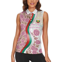 Rose of Bulgaria Women Sleeveless Polo Shirt with National Flag Ribbon and Floral Damask Pattern