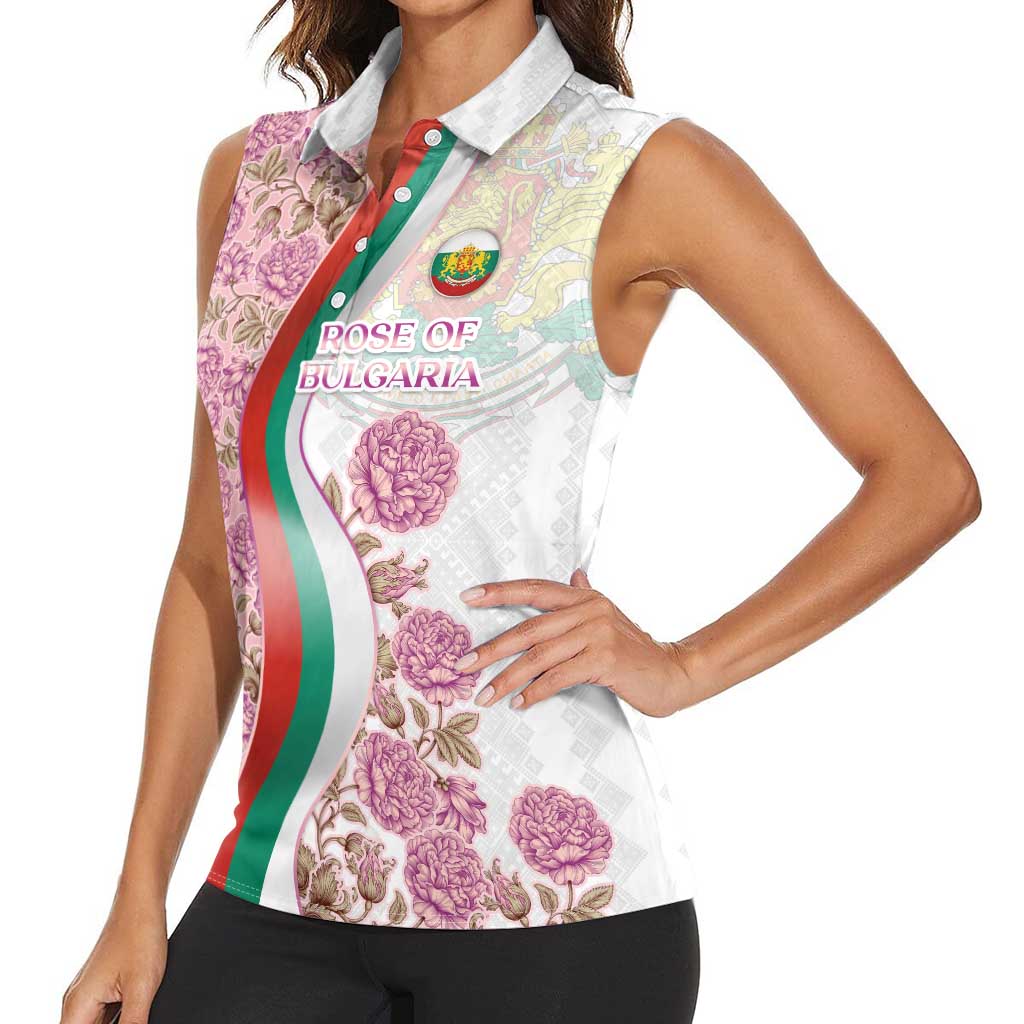 Rose of Bulgaria Women Sleeveless Polo Shirt with National Flag Ribbon and Floral Damask Pattern