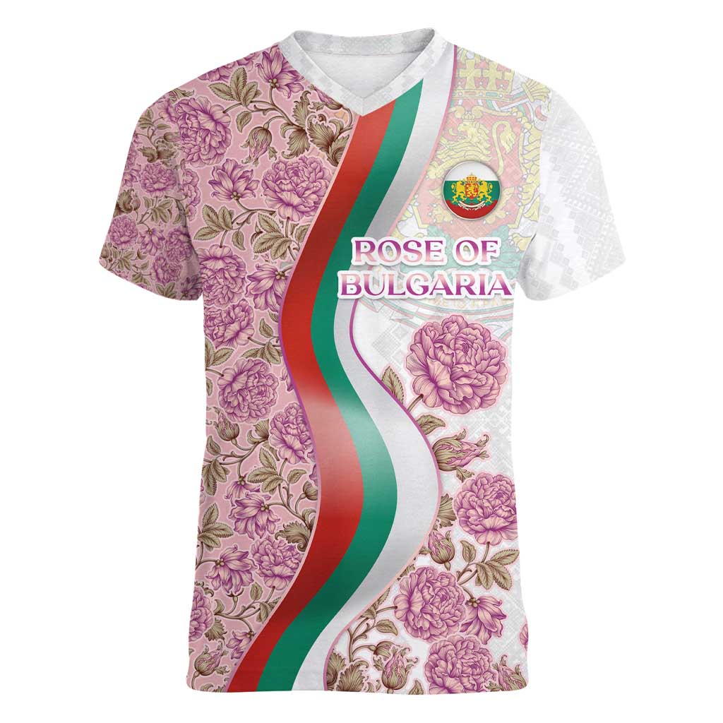 Rose of Bulgaria Women V-Neck T-Shirt with National Flag Ribbon and Floral Damask Pattern