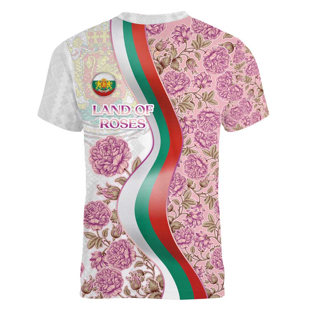 Rose of Bulgaria Women V-Neck T-Shirt with National Flag Ribbon and Floral Damask Pattern
