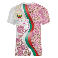 Rose of Bulgaria Women V-Neck T-Shirt with National Flag Ribbon and Floral Damask Pattern