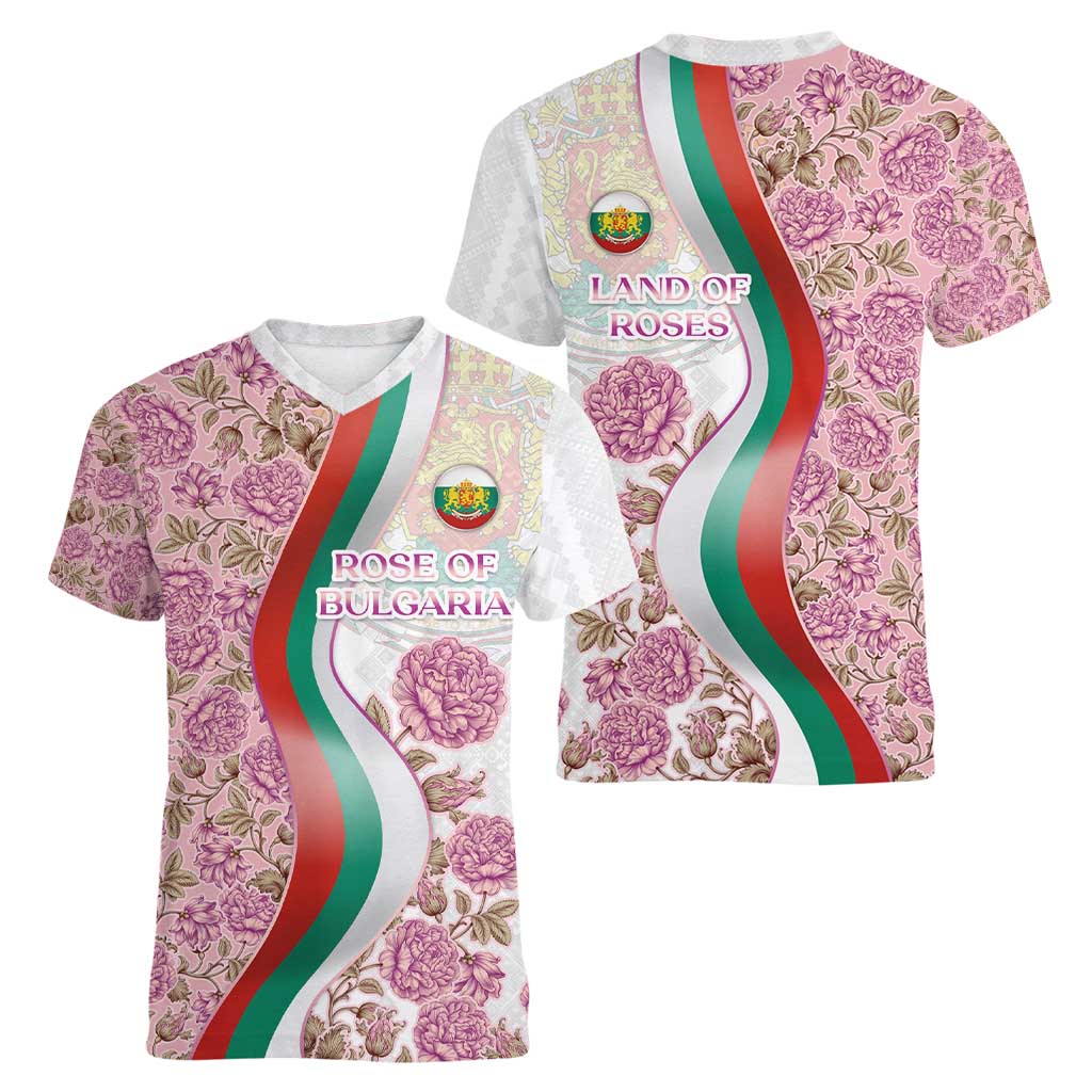 Rose of Bulgaria Women V-Neck T-Shirt with National Flag Ribbon and Floral Damask Pattern