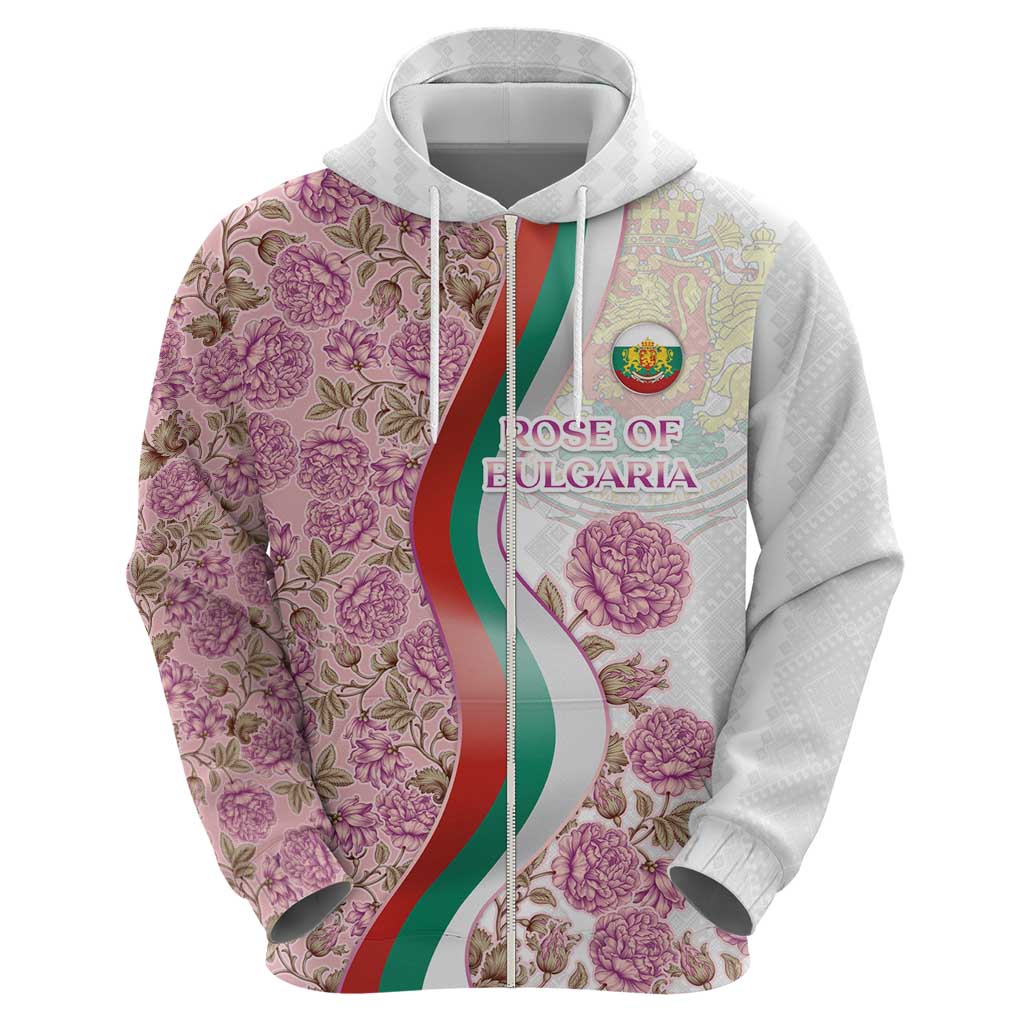 Rose of Bulgaria Zip Hoodie with National Flag Ribbon and Floral Damask Pattern