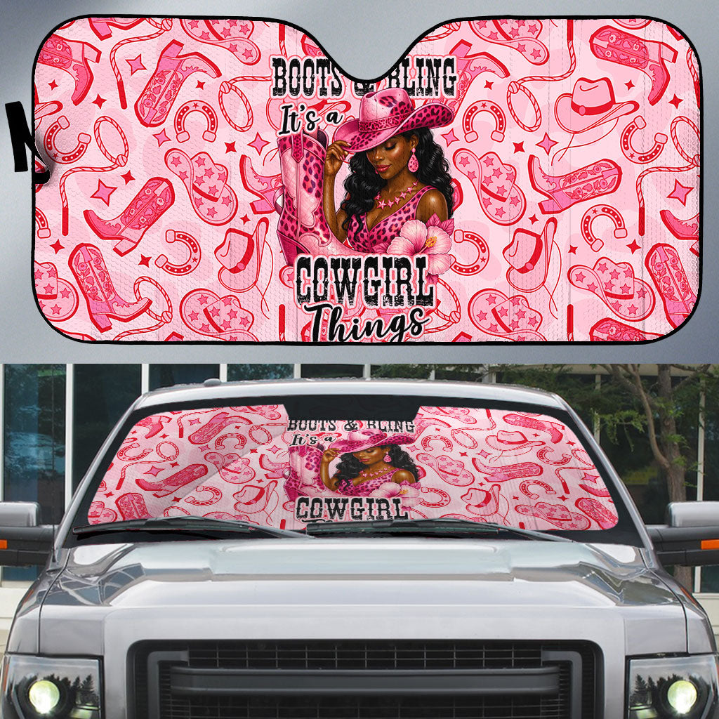 Black Cowgirl Auto Sun Shade Boots And Bling - Pink Leopard Western Diva Melanin